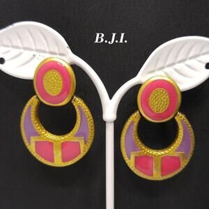 Vintage Hot Pink, Lavender, and Gold Post Drop Earrings, BJI Designer, 1 1/2 In